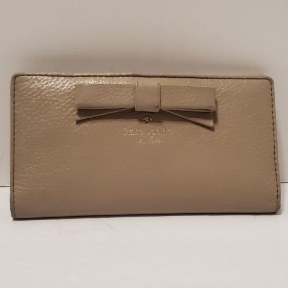 kate spade Tan Pebble Leather Clock Tower Bi-fold Bow Wallet